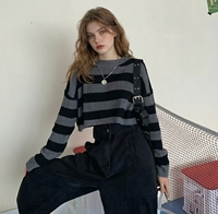 Pull court tendance à larges rayures |   Pull à col rond en tricot épais - Haut ample style streetwear Y2K pour femme - Automne