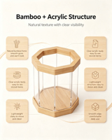 Porte-stylos carré en bambou, gobelet à stylos en acrylique transparent côtelé, organiseur de bureau en bambou naturel pour stylos, crayons et papeterie