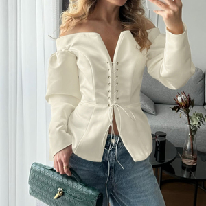 2025 senza spalline con bendaggio Beige senza spalline alla moda con <span class=keywords><strong>corsetto</strong></span> a manica lunga da donna - Product Image 1