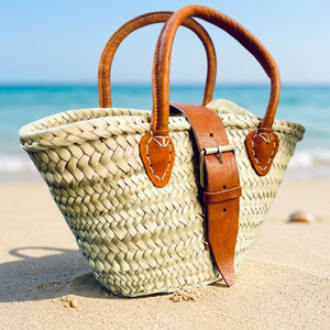 Women Straw Mini Handbag <b>Leather</b> Handles Bohemian Style Beach Casual Durable <b>Woven</b> Basket <b>Bag</b> Two Handles Cotton Buckle Closure - Product Image 2