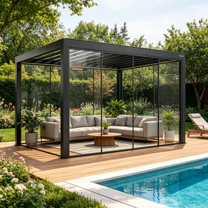 Pavillon de jardin motorisé haut de gamme en aluminium avec <span class=keywords><strong>toit</strong></span> à persiennes, abri extérieur <span class=keywords><strong>coulissant</strong></span> en verre trempé avec bande LED - Product Image 1