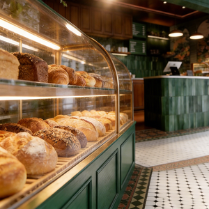 ETRO ororest tytyle Boutique akakery con Lass rched Lass iisplay, ooooden Hanging ababinets, halhalkboard enenu & offee tation - Product Image 5