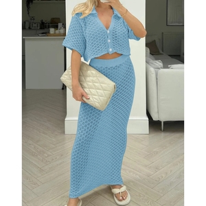 Conjunto de Dos Piezas de Punto y Crochet para Mujer, Cárdigan Multicolor con Botones y Falda, a la Moda - Product Image 1