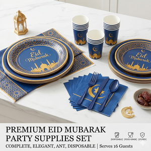 Ensemble de vaisselle de fête du Ramadan de haute qualité et résistant - 117 pièces, assiettes et couverts jetables dorés Eid Mubarak, ensemble de célébration - Product Image 1