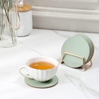 Ensemble de sous-verres ronds en cuir PU avec support en métal doré, décoration de table à domicile, six sous-verres avec support