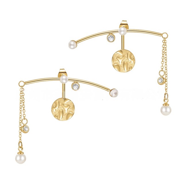 Titanium Steel 14K Gold Plated Niche Creative Design Round Pearl Zircon Stud Earrings Hypoallergenic Jewelry