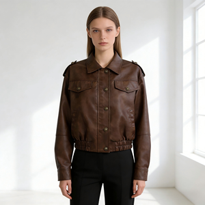 Jaqueta de Couro Feminina Retrô Marrom Personalizada com Design de Lapela, Corta-Vento Elegante e Casual, Jaqueta de Couro Clássica - Product Image 2