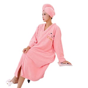Albornoz de lana coral rosa de manga larga, grueso, para estar en casa, con gorro para secar el cabello, para mujer, uso en otoño e invierno. - Product Image 5