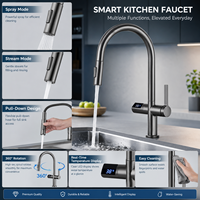 Robinet de cuisine en acier inoxydable avec design élégant personnalisé, arc haut, affichage numérique LED, mode jet continu et douchette extractible