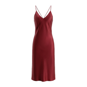 ชุดเดรสผ้าซาตินสีแดงไวน์ คอวี สำหรับผู้หญิง ชุดนอน ชุดลำลอง สำหรับใส่ที่บ้าน โรงแรม งานแต่งงาน ถ่ายภาพในสตูดิโอ - Product Image 5