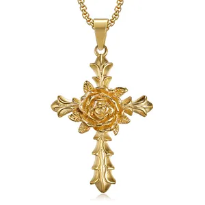 wholesale women accessories unique design cross style rose stainless steel pendant gold necklace