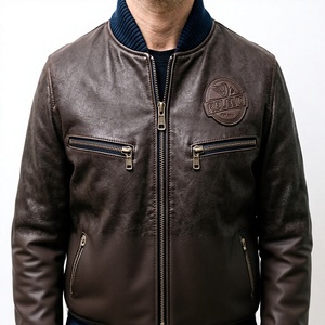 Blouson Bomber Homme en Cuir Véritable de Haute Qualité, Coupe Slim, 300g, Hiver, Sans Col, Style Moto Biker, Fermeture Éclair, Logo Avant - Product Image 1