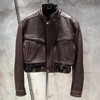 Veste en cuir grainé marron, vestes en cuir d'agneau véritable, vestes bomber courtes pour femmes