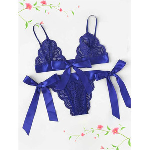 Conjunto de lencería sexy de encaje para mujer, azul real, 3 piezas, con detalle de lazo, ropa interior de satén - Product Image 1