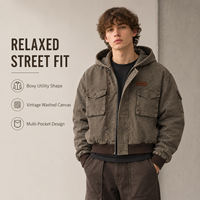 Blouson Trucker à Capuche Homme en Toile de Coton Épaisse Délavée Style Vintage, Coupe Boxy Multi-Poches, Manches Détachables, Fermeture Éclair, Style Urbain