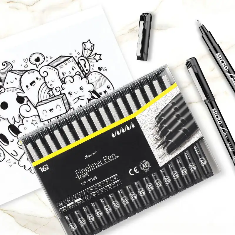 Superior 16 Pcs And 3 Combination MS-806B-12 Fineliner Waterproof Color Grawing Needle Pen For Design Art And Craft