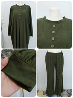 Ensemble ample vert fumé avec pantalon large et poches boutonnées, style abaya modeste pour femmes musulmanes, idéal pour le quotidien