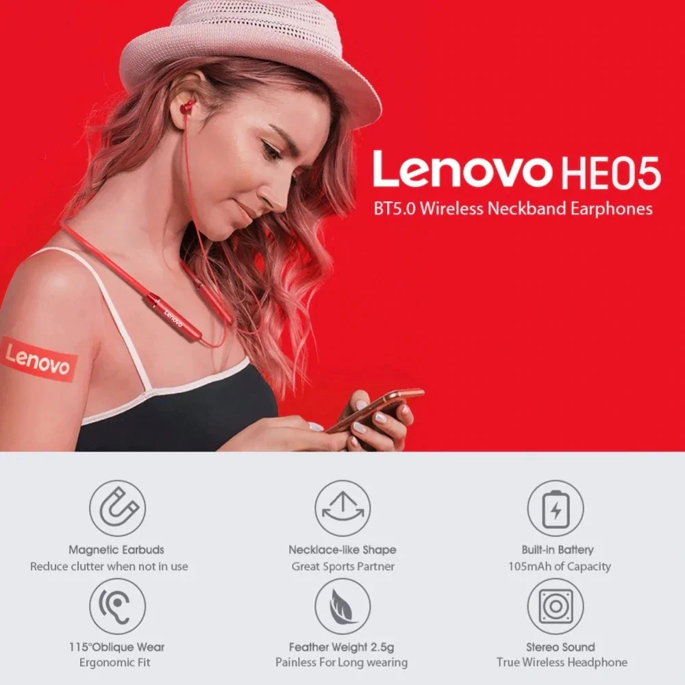 Original Lenovo HE05 earbuds neckband sports 5.0 BT stereo magnetic earphones Waterproof wireless earphone headphone