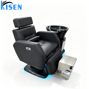 Station de lavage de cheveux KISEN, lavabo en céramique noire brillante intégré, fauteuil inclinable électrique, accoudoirs entièrement rembourrés, revêtement PU imperméable. - Product Image 2
