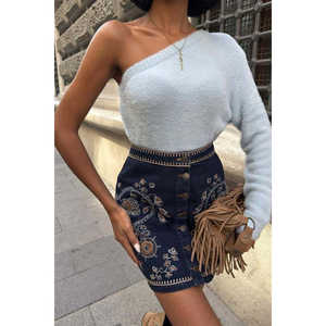 Suéter Sobe de una manga para mujer, suave, informal, anti-bolitas, azul - Product Image 3