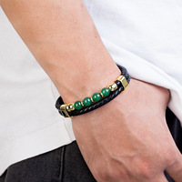 Bracelet pour homme en cuir véritable tressé à double couche avec fermoir en acier inoxydable de haute qualité, perles en pierre naturelle, logo personnalisé