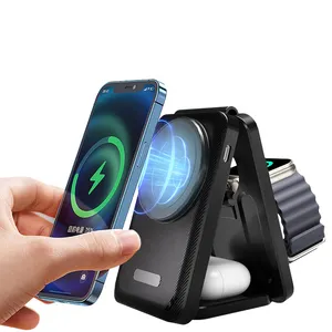 New Design Portable Magnetic Wireless Charger 3 In 1 Foldable 15w Fast Charging Stand Dock For Iphone
