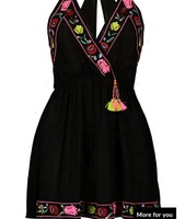 Mini robe brodée noire scintillante pour fille, tunique de Style bohème, avec lacet Sexy, pour l'été
