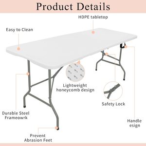 Durable 6FT Folding <b>Table</b>, Portable Fold-in-Half Plastic Picnic <b>Party</b> <b>Table</b> with Carrying Handle - Product Image 2