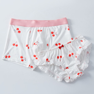 Ensemble de sous-vêtements assortis pour couples, imprimé cerise, caleçons pour hommes, culottes à volants pour femmes, sous-vêtements en soie glacée douce, cadeau de la Saint-Valentin - Product Image 1