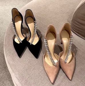 Luxury-sophisticated brand black <b>suede</b> rhinestone stiletto pointed-toe high <b>heels</b> with hollow thin <b>heels</b> for formal evening wedd - Product Image 6