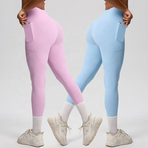 Leggings de sport unis pour femme, taille haute, extensibles, pour fitness, course et yoga, avec poches, vente en gros - Product Image 2