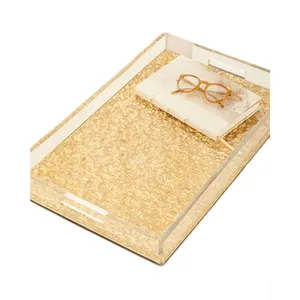 Exquisite Goldfolie Acryl Hotel Handtuch Tablett Luxus Lucite Aufbewahrung stablett mit Griff Personal isierte Acryl Rechteck Tablett