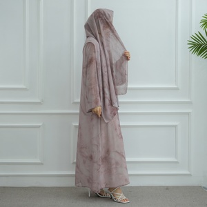 Abaya de Chifón con Estampado Teñido, Abertura Frontal y <span class=keywords><strong>Sheila</strong></span> a Juego, Conjunto de 2 Piezas, Ropa Islámica para Verano - Product Image 2