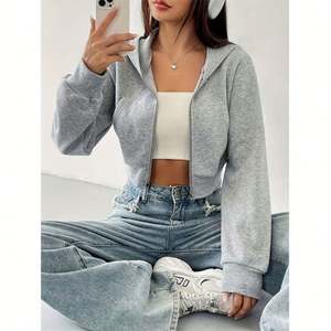 Sweat à capuche court à fermeture éclair pour femme Sweat à capuche à manches longues couleur unie - Product Image 3