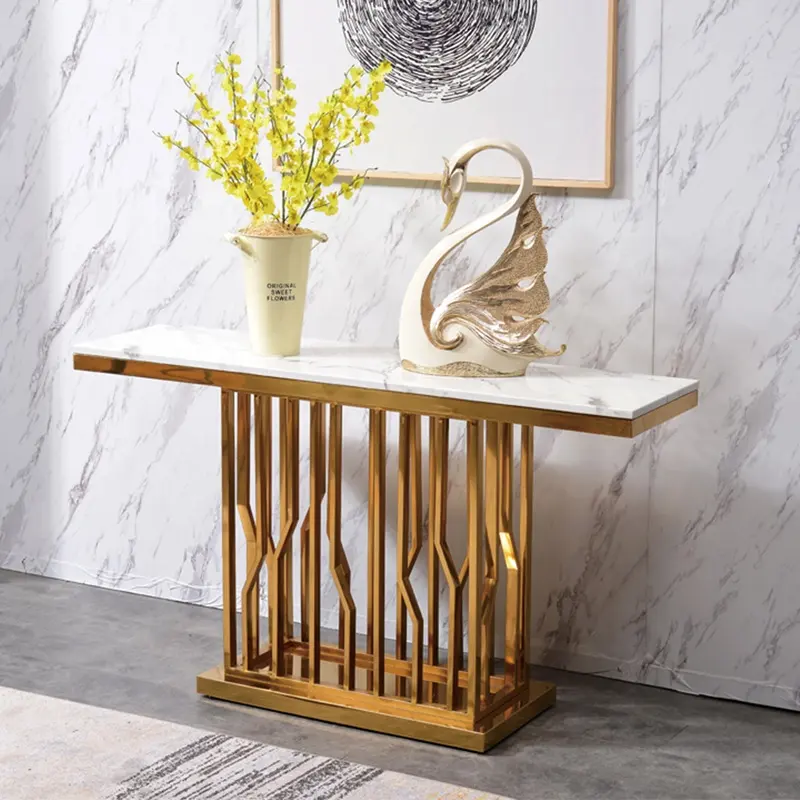 2022 European modern simple gold stainless steel console table marble top side table for home