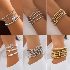 Venta al por mayor Lucky 18K Gold Plated Beads Bracelet Set Beaded Stackable Stretch Bracelets Mujeres Joyería minimalista