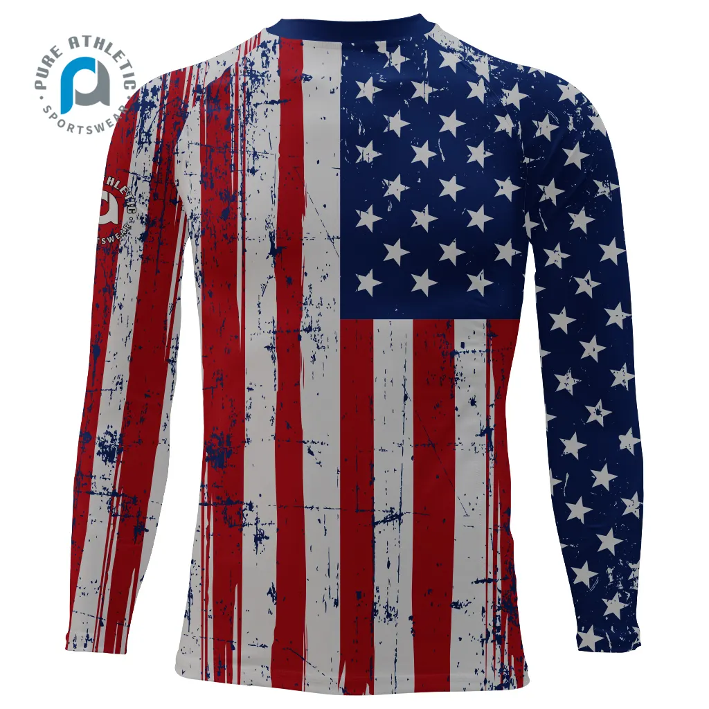 PURE 사용자 정의 품질 미국 플래그 인쇄 남성 긴 소매 압축 셔츠 야외 스포츠웨어 슬림 핏 체육관 피트니스 셔츠 여성