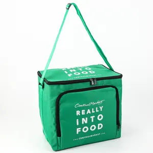 Özelleştirmek Logo Polyester büyük fermuarlı omuz termal yalıtımlı kumaş soğutucu yiyecek çantası