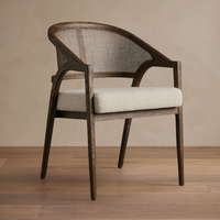 Fauteuil de salle à manger Aimee en chêne massif avec dossier en rotin et coussin rembourré, fauteuil moderne, vente en gros personnalisée