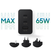 Cargador Rápido de 65W con Tres Puertos y Salidas Duales USB-C/USB-A, Compatible con Teléfonos Samsung, Enchufes UK/EU/US, 1 Año de Garantía