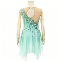 Robe de patinage artistique vert menthe pour enfants et adultes, col rond, manches longues en maille, dos orné de strass, pour compétition et spectacle de patinage sur glace