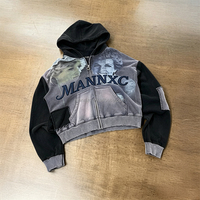 Sudadera con capucha extragrande y corta, 100% algodón de alto gramaje, con logotipo personalizado, lavado ácido, estilo vintage desgastado, streetwear, bordada, con cremallera