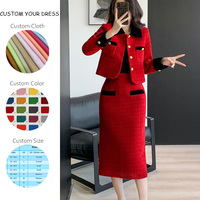 Polyester décontracté automne solide bouton poches col rabattu kaki femmes deux pièces Tweed Midi jupe costume vestes Blazer ensemble
