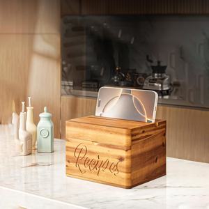 Acacia <strong>Recipe</strong> <strong>Box</strong> with 100 Cards 4x6 Dual Slot 2 Compartment Wooden Organizer No Assembly - Product Image 4