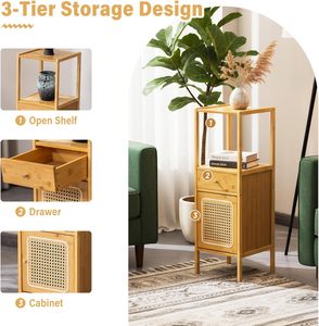 Natural Bamboo <strong>Tall</strong> <strong>Narrow</strong> Storage Cabinet with Rattan Door <strong>Drawer</strong> &amp; Open Top Shelf for Living Room Bathroom Bedroom - Product Image 4