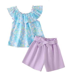 Conjunto <span class=keywords><strong>de</strong></span> <span class=keywords><strong>Ropa</strong></span> <span class=keywords><strong>de</strong></span> Verano <span class=keywords><strong>para</strong></span> <span class=keywords><strong>Niñas</strong></span>, 2 Piezas, con Top con Volantes Hawaianos y Pantalones Cortos con Cinturón Floral - Product Image 5