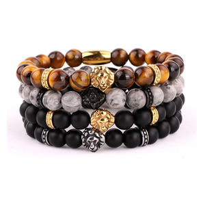 Vnox — Bracelet en forme de tête de Lion pour hommes, bijou perlé et élastique de haute qualité en acier inoxydable 316L, Logo personnalisé en pierre naturelle - Product Image 1
