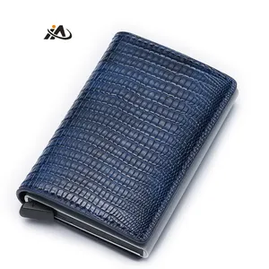 Lizard pattern Leather Aluminum RFID Blocking card holder Wallet -Customized logo Swinging without dropping the card design