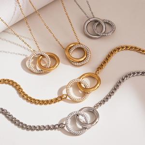 Stainless Steel Gold Plated Islamic Double Ring Design Zircon Pendant Necklace <b>Bracelet</b> <b>Set</b> Women Trendy Fine Accessories - Product Image 5