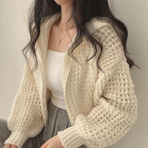 Liu Ming ucuz toptan yeni ürün kore Chic Casual kadın gevşek örme fermuar fener uzun kollu kapüşonlu ceket kazak - Product Image 4